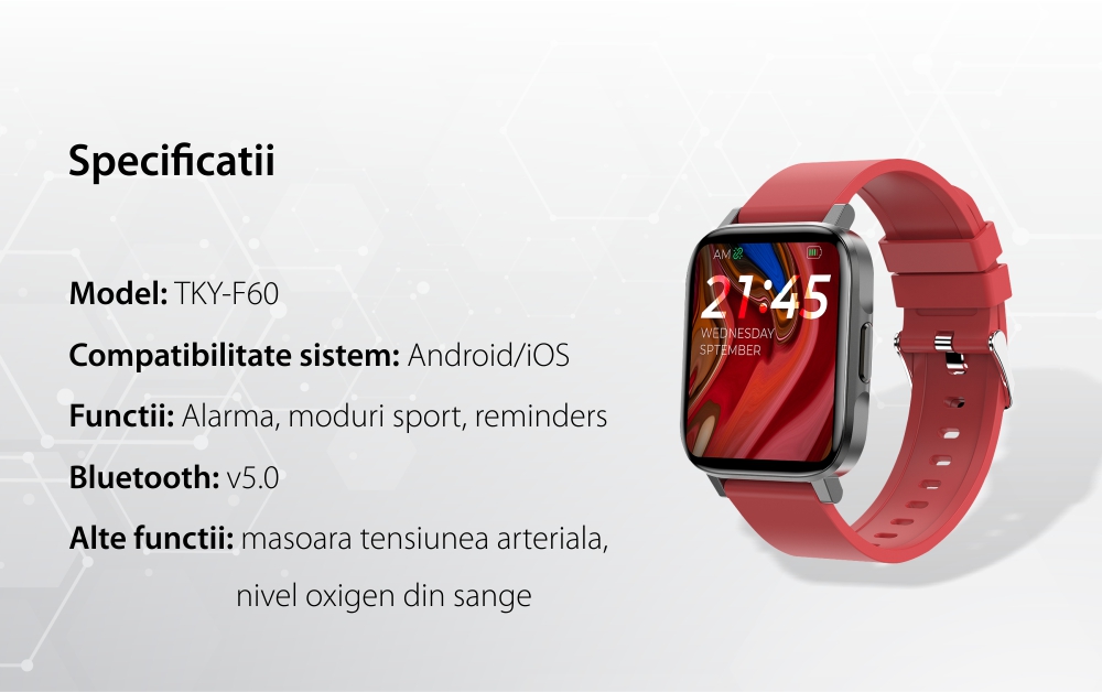 Ceas Smartwatch Twinkler TKY-F60, Gri cu Monitorizare ritm cardiac, Tensiune arteriala, Calitate somn, Distanta parcursa, Calorii, Pasi