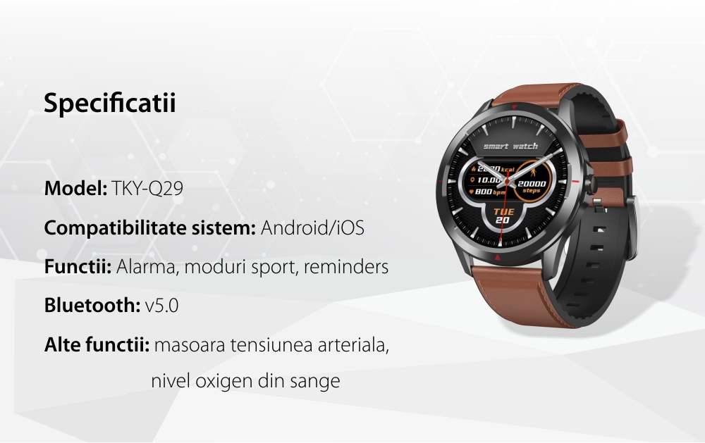 Ceas Smartwatch Twinkler TKY-Q29, Negru cu Functii sanatate, Moduri fitness, Pedometru, SMS / Apel Reminder, Memento sedentar, Alarma