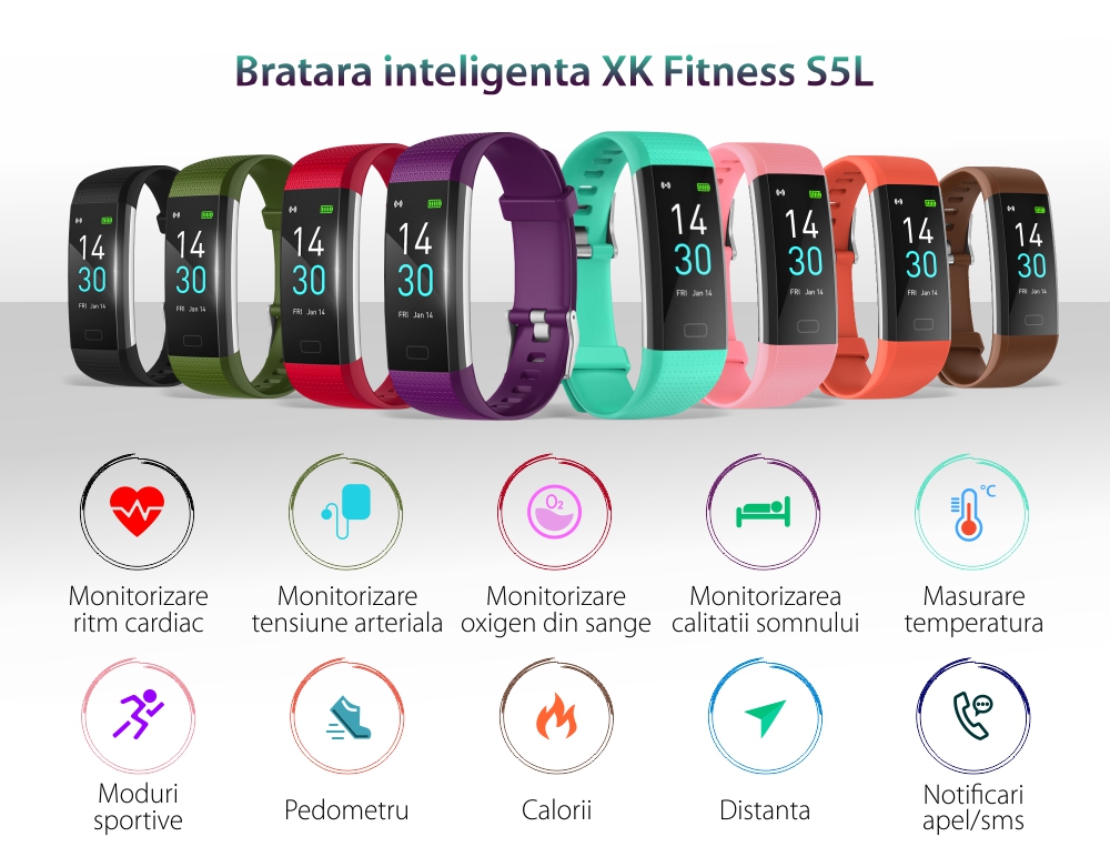 Bratara inteligenta XK Fitness S5L cu Display 0.96 inch, Calorii, Distanta, Temperatura, Portocaliu