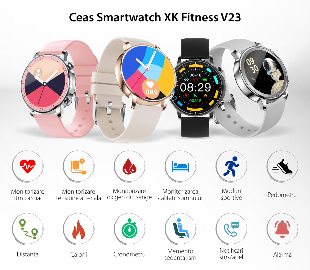 Ceas Smartwatch XK Fitness V23 cu Display 1.3 inch, Monitorizare sanatate, Calorii, Pasi, Negru