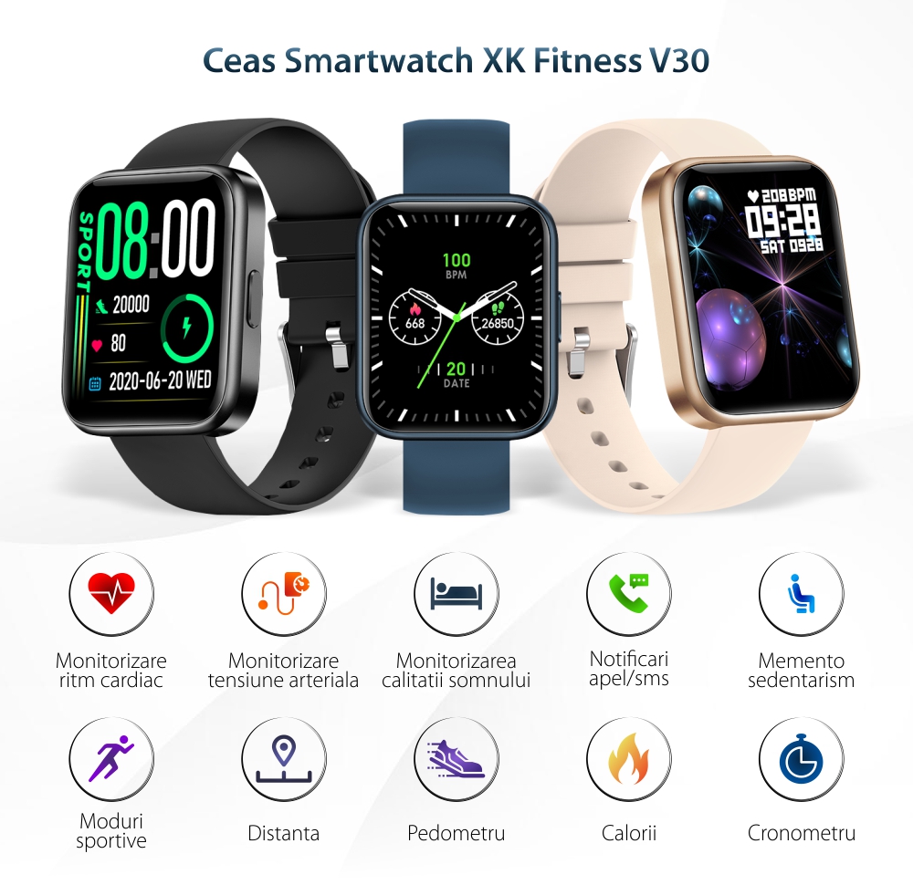 Ceas Smartwatch XK Fitness V30 cu Display 1.69 inch, Calorii, Distanta, Puls, Auriu