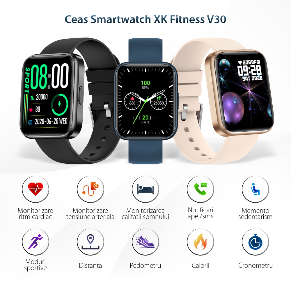 Ceas Smartwatch XK Fitness V30 cu Display 1.69 inch, Calorii, Distanta, Puls, Negru