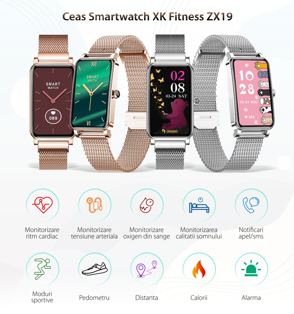 Ceas Smartwatch Dama XK Fitness ZX19 cu Display 1.45 inch, Functii sanatate, Calorii, Pasi, Argintiu