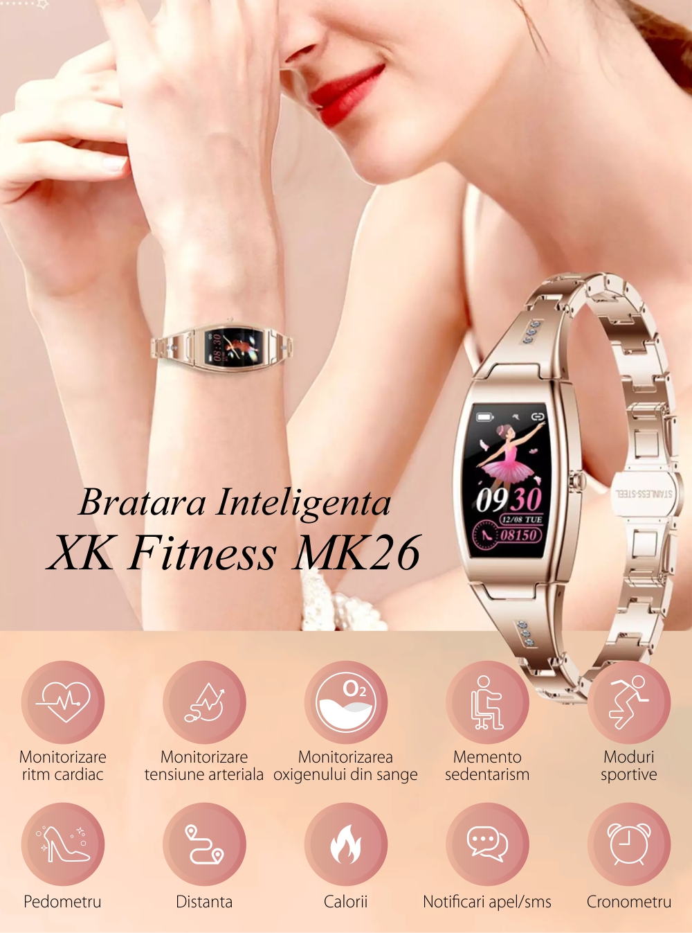 Bratara Fitness Dama XK Fitness MK26 cu Moduri exercitii, Functii sanatate, Antrenament, Argintiu