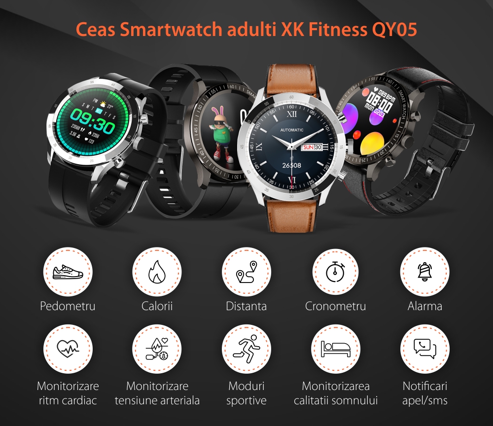 Ceas Smartwatch XK Fitness QY05 cu Functii sanatate, Antrenament, Calorii, Piele, Negru