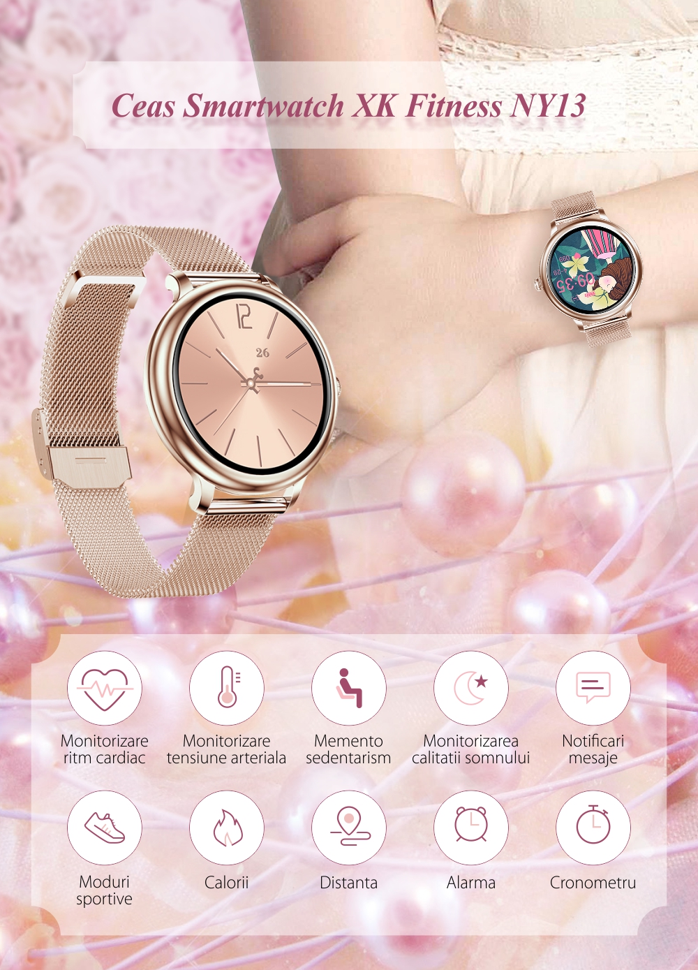 Ceas Smartwatch Dama XK Fitness NY13 cu Display 1.08 inch, Puls, Moduri sport, Metal, Auriu