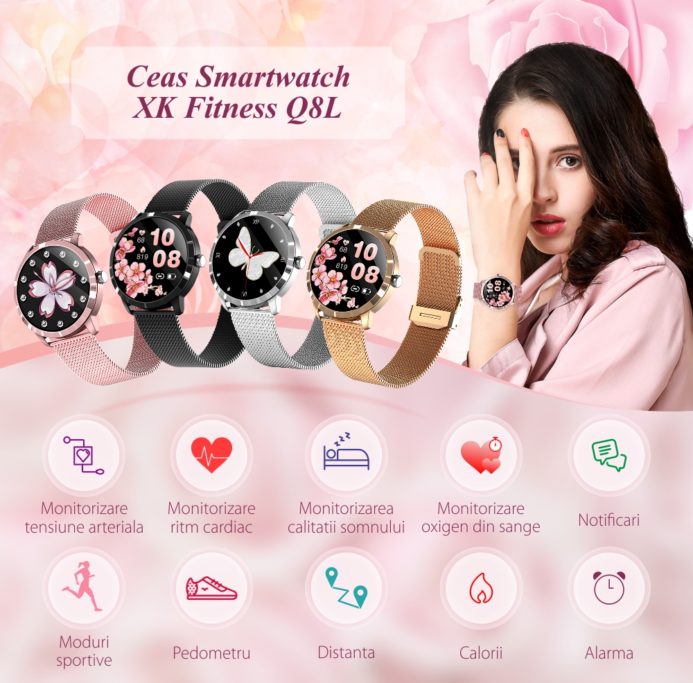 Ceas Smartwatch Dama XK Fitness Q8L cu Display 1.09 inch, Senzor Puls, Calorii, Rose