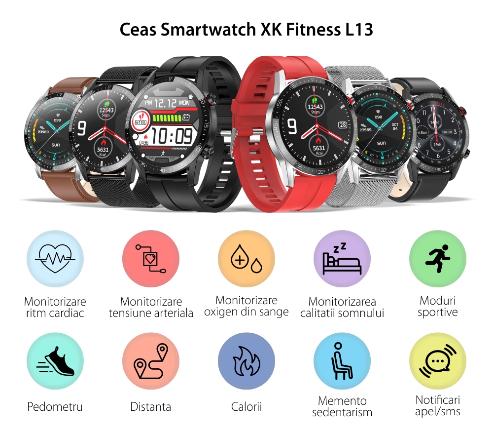 Ceas Smartwatch XK Fitness L13 cu Moduri sportive, Nivel oxigen, Ritm cardiac, Piele, Maro