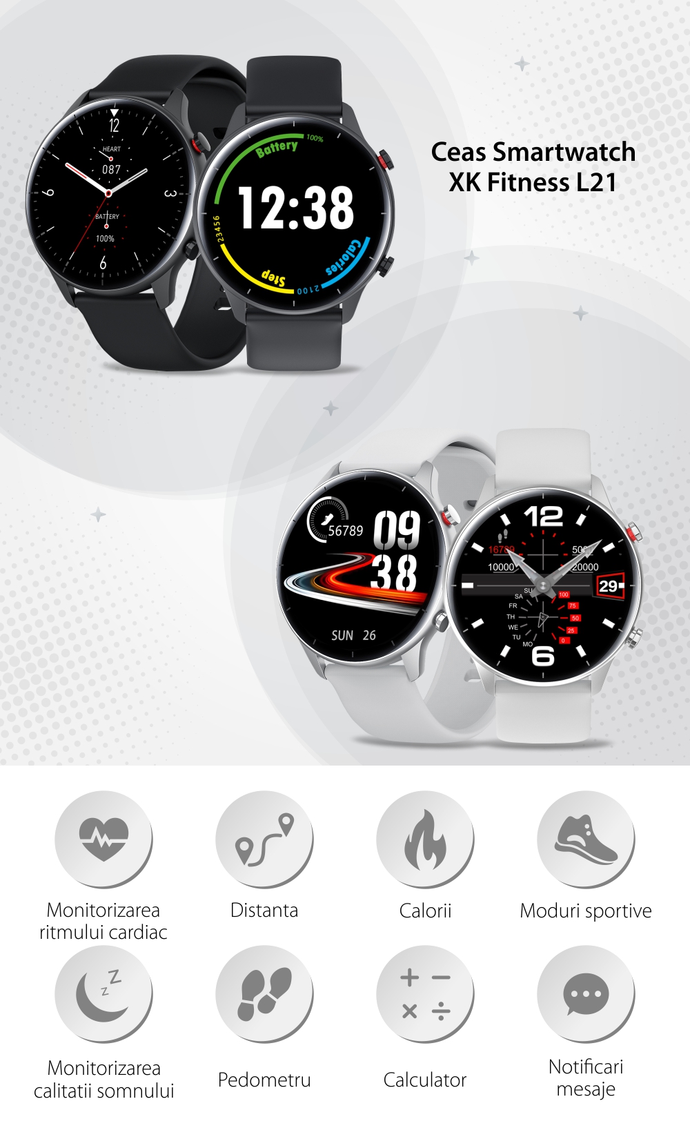Ceas Smartwatch XK Fitness L21 cu Functie apelare, Notificari, Moduri sport, Negru