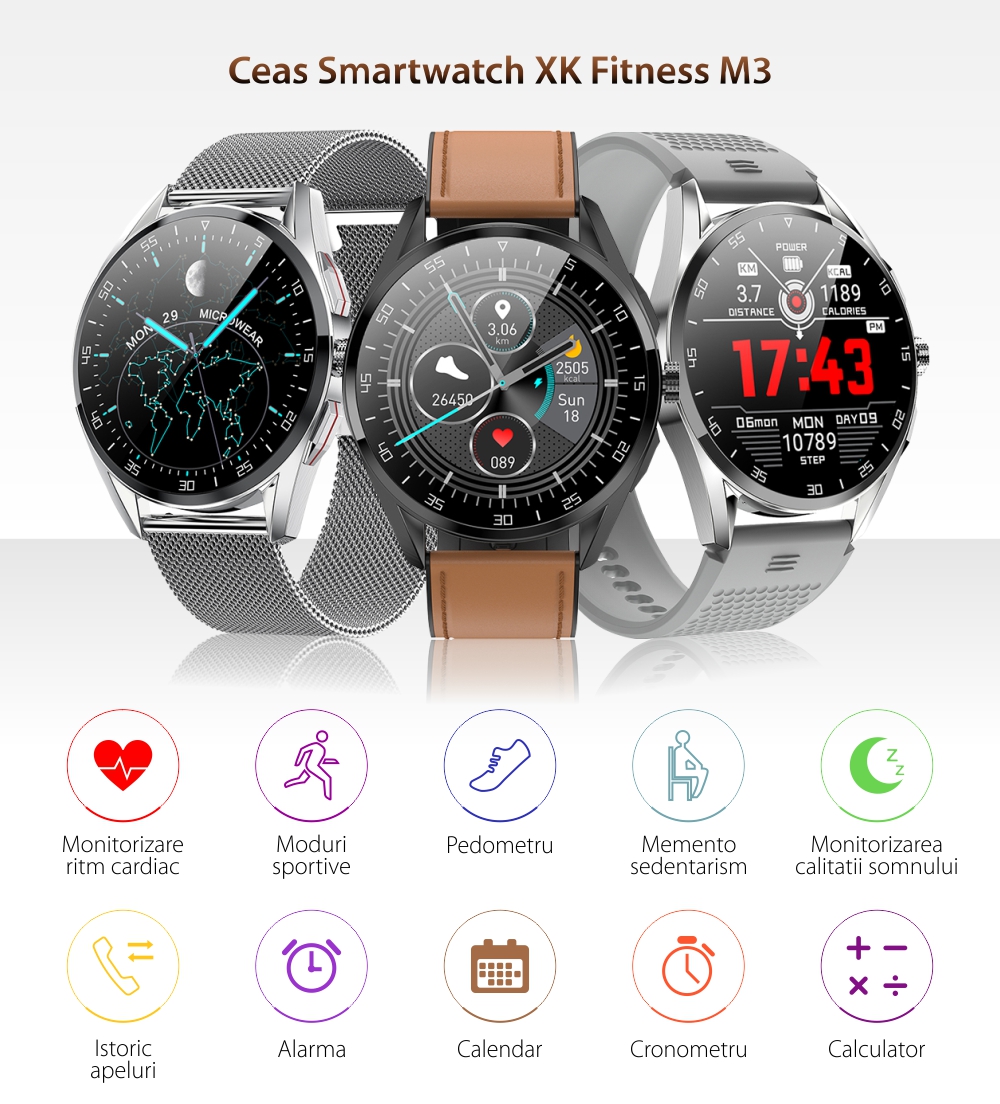 Ceas Smartwatch XK Fitness M3 cu Moduri sportive, Puls, Calorii, Piele, Maro