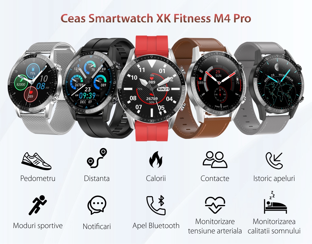 Ceas Smartwatch XK Fitness M4 Pro cu Display 1.32 inch IPS, Calorii, Puls, Piele, Gri