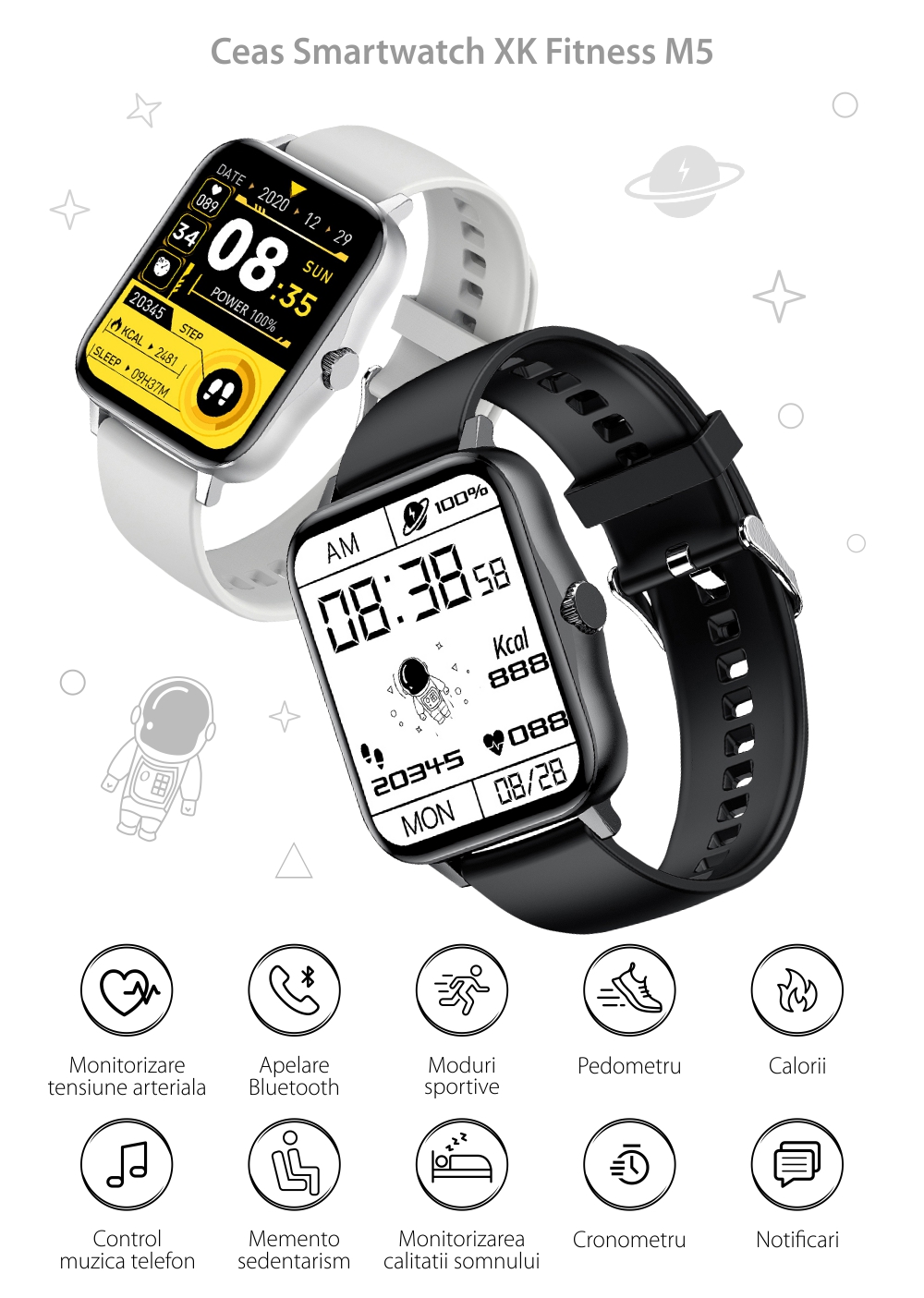 Ceas Smartwatch XK Fitness M5 cu Display 1.75 inch IPS, Exercitii, Calorii, Alb