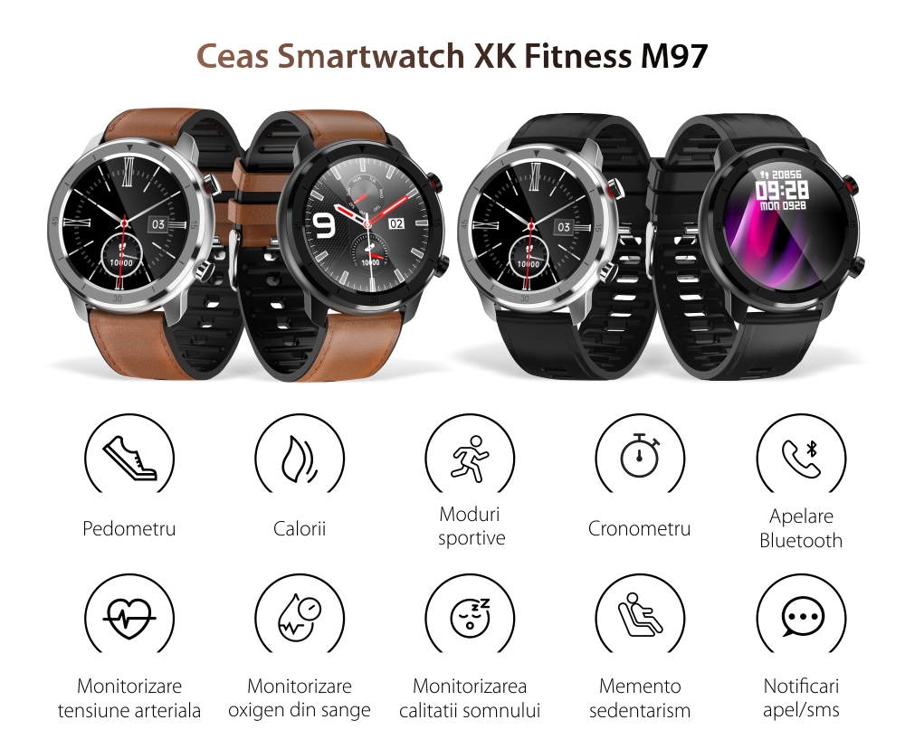 Ceas Smartwatch XK Fitness M97 cu Display 1.28 inch, Functii sanatate, Antrenament, Piele, Maro / Argintiu