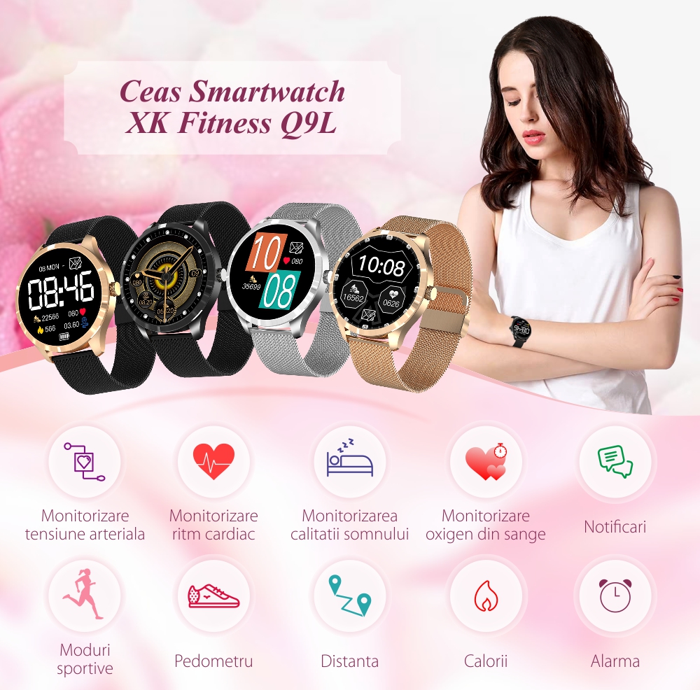 Ceas Smartwatch XK Fitness Q9L cu Display 1.28 inch, Oxigen, Puls, Negru / Auriu