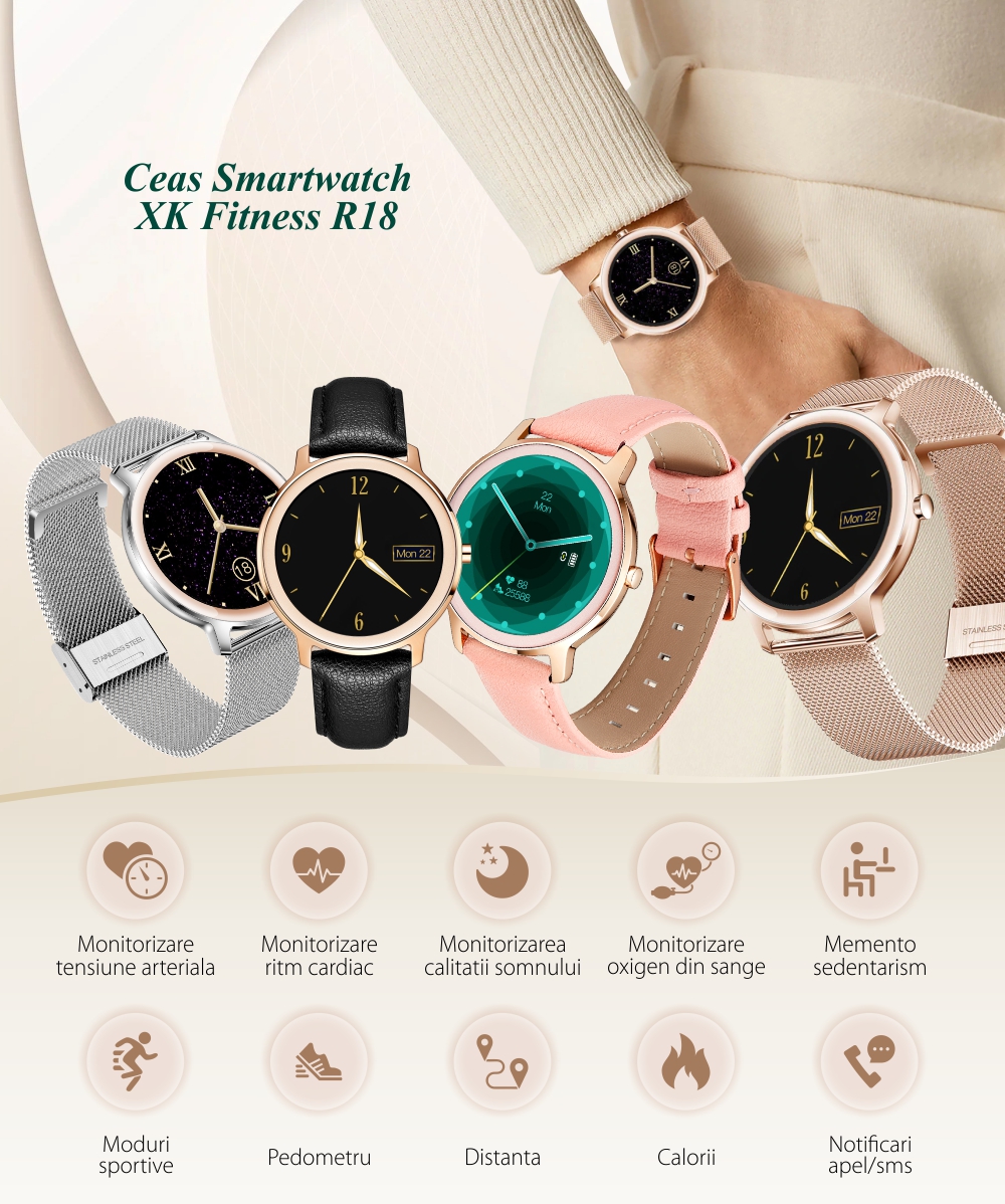 Ceas Smartwatch XK Fitness R18 cu Display 1.10 inch IPS, Functii sanatate, Notificari, Roz