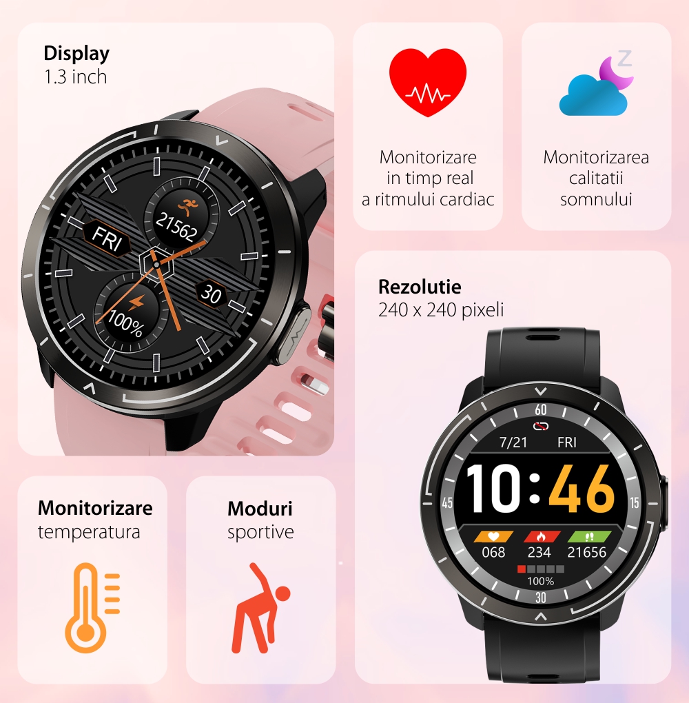 Ceas Smartwatch XK Fitness M18 Plus cu Display 1.3 inch OLED, Puls, ECG, Tensiune, Albastru