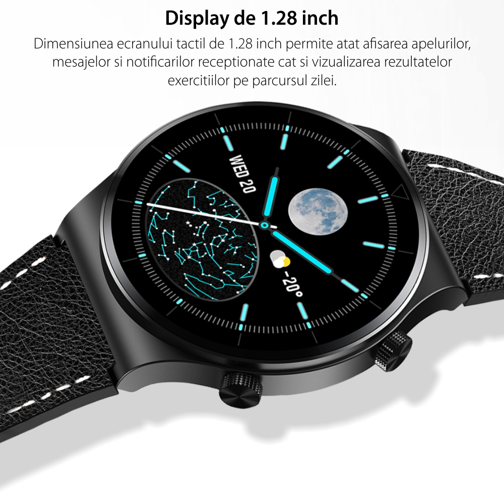 Ceas Smartwatch XK Fitness M99 cu Display 1.28 inch IPS, Puls, Tensiune, Piele, Negru / Argintiu