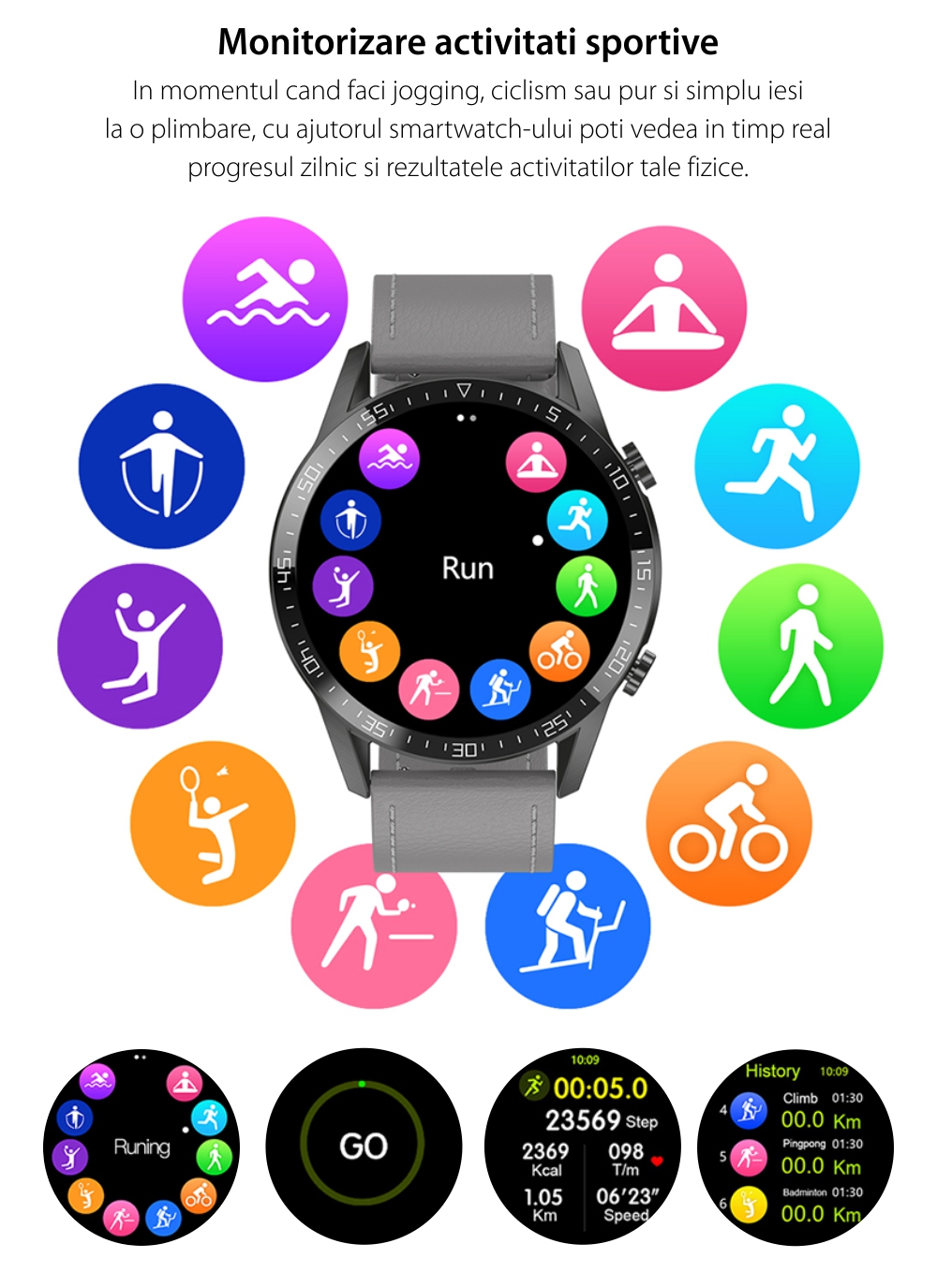 Ceas Smartwatch XK Fitness M4 Pro cu Display 1.32 inch IPS, Calorii, Puls, Piele, Gri