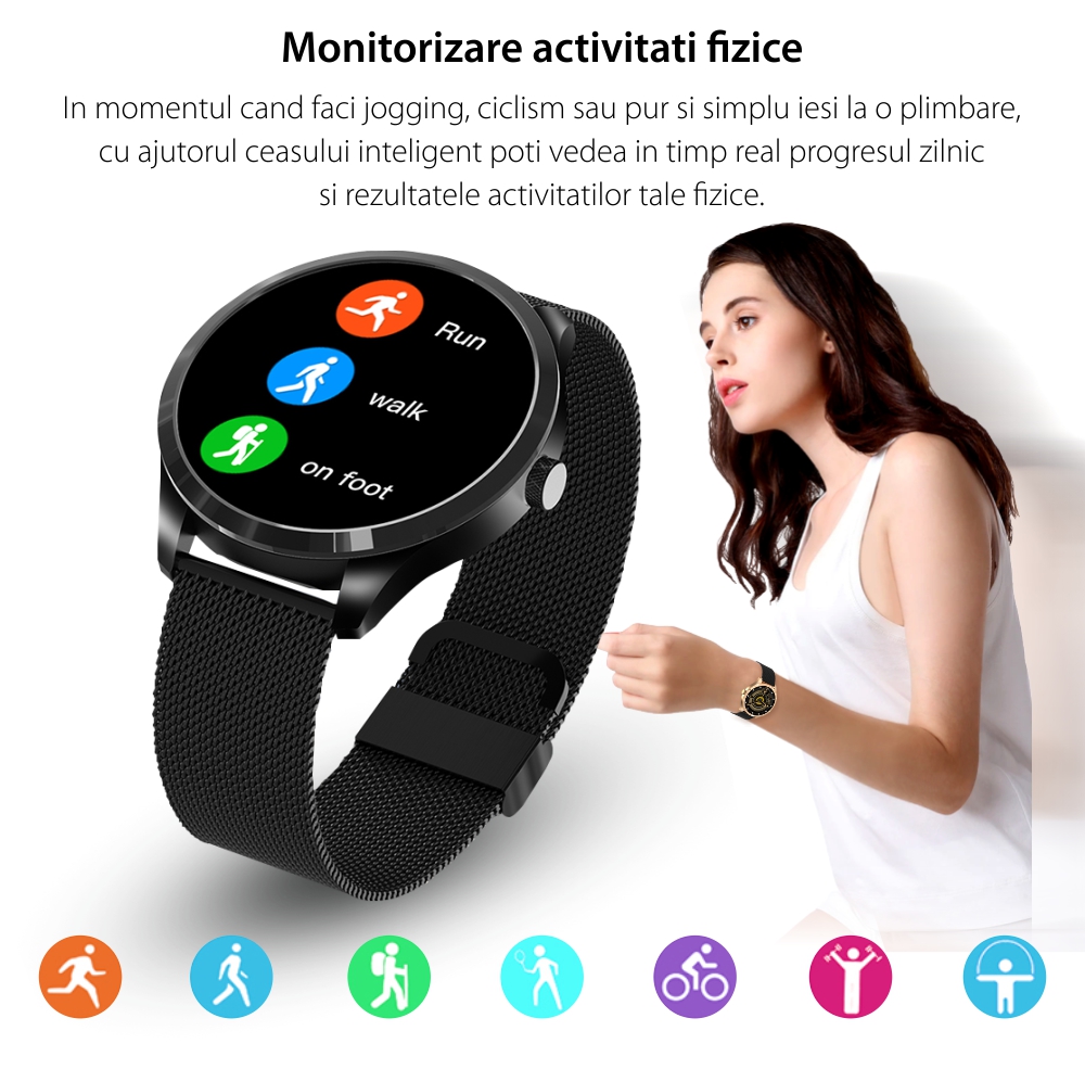 Ceas Smartwatch XK Fitness Q9L cu Display 1.28 inch, Oxigen, Puls, Negru / Auriu