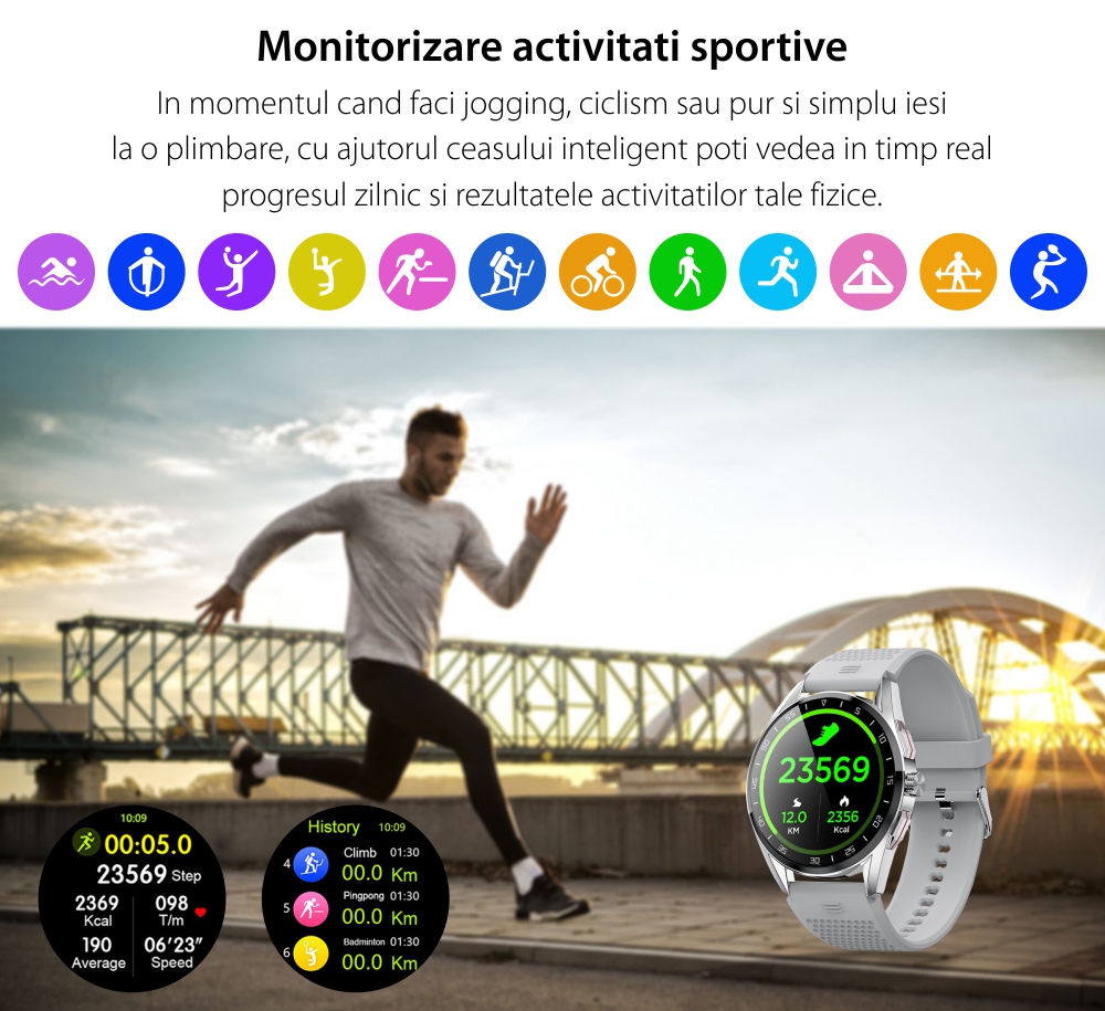Ceas Smartwatch XK Fitness M3 cu Moduri sportive, Puls, Calorii, Silicon, Gri