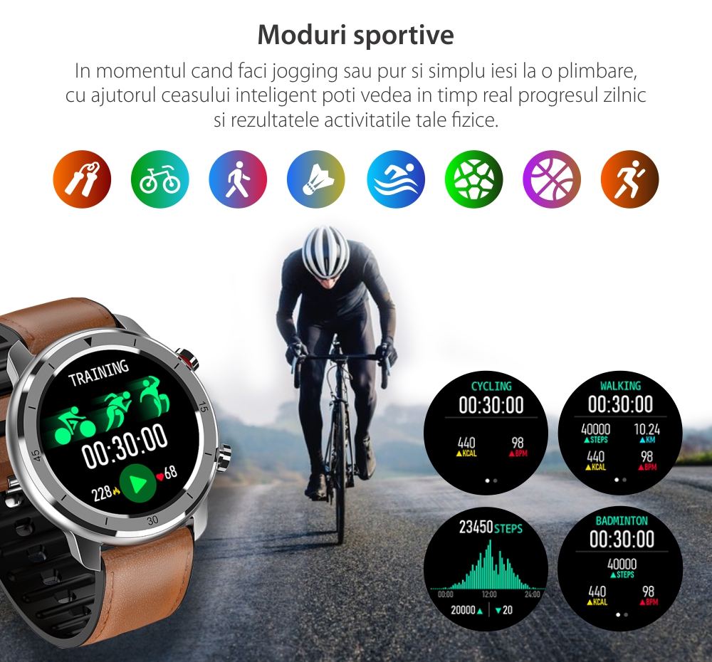 Ceas Smartwatch XK Fitness M97 cu Display 1.28 inch, Functii sanatate, Antrenament, Piele, Maro / Argintiu