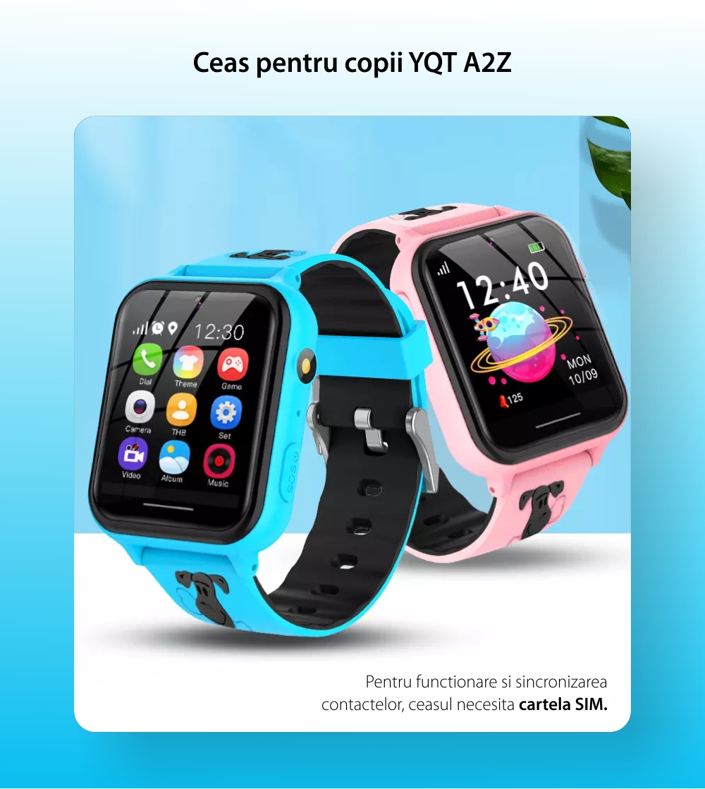 Ceas Smartwatch Pentru Copii YQT A2Z fara GPS, cu Functie telefon, 7 Jocuri, Camera, Album, Lanterna, Negru