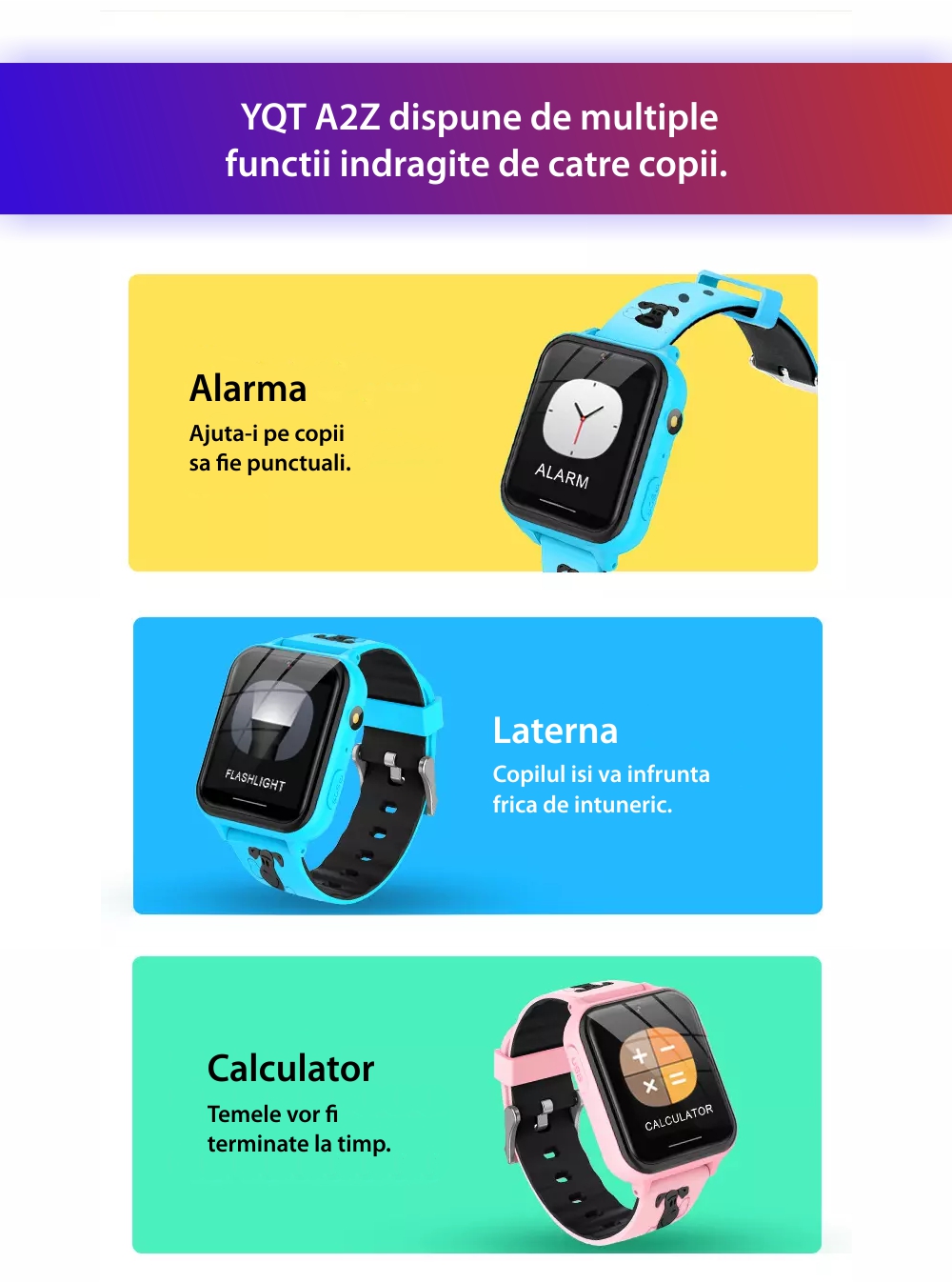 Ceas Smartwatch Pentru Copii YQT A2Z fara GPS, cu Functie telefon, 7 Jocuri, Camera, Album, Lanterna, Negru