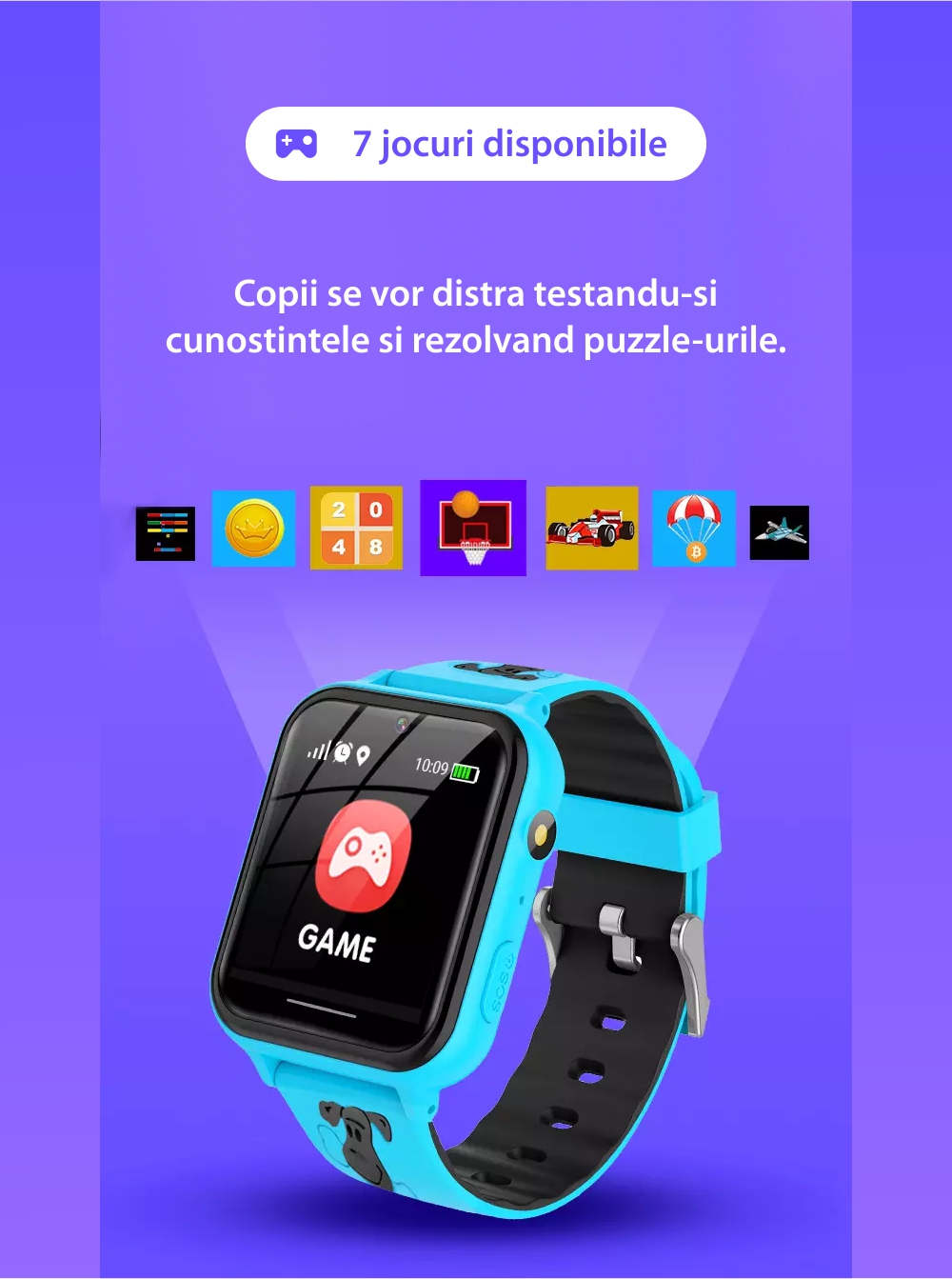 Ceas Smartwatch Pentru Copii YQT A2Z FARA GPS, cu Functie telefon, 7 Jocuri, Camera, Album, Lanterna, Albastru