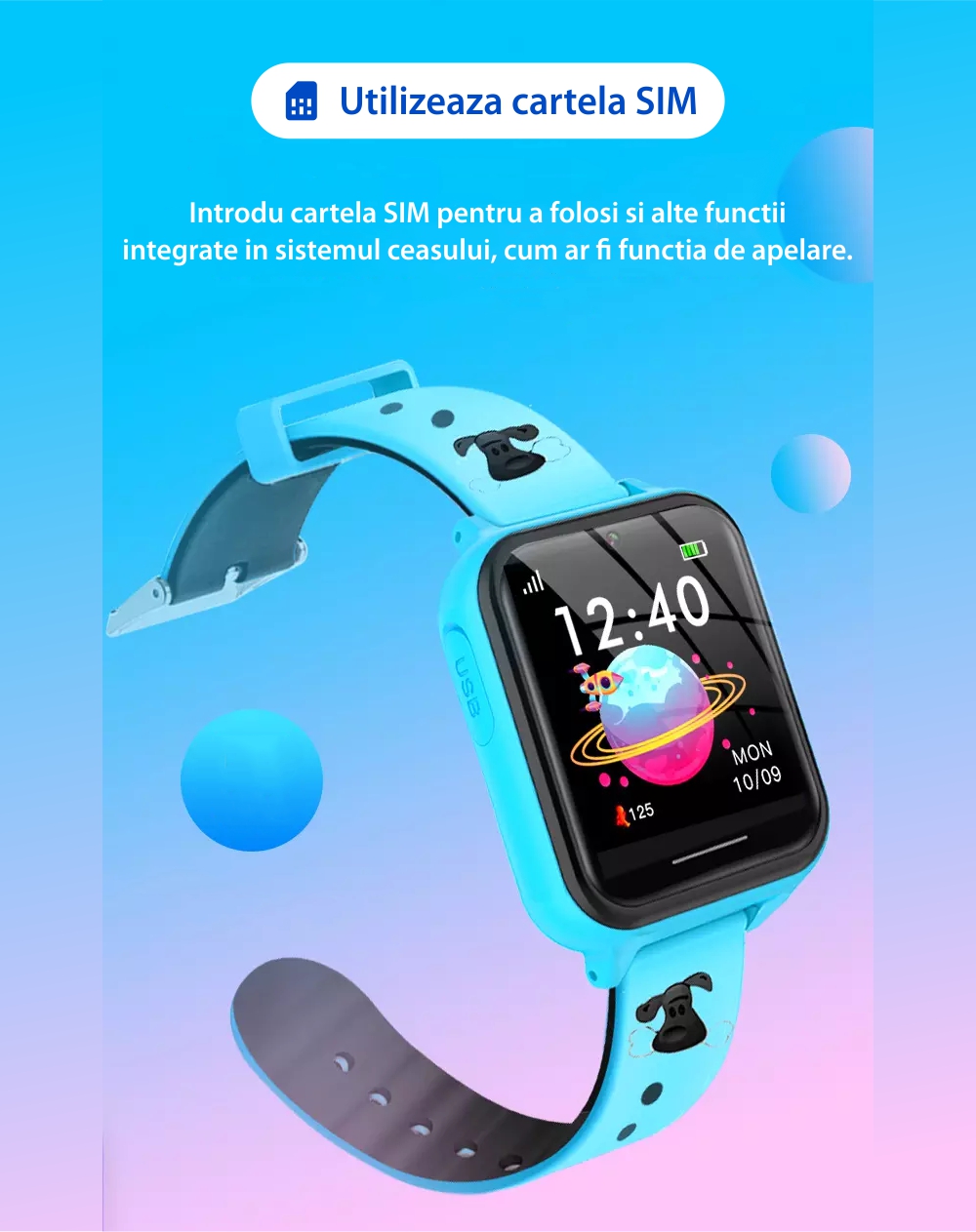 Ceas Smartwatch Pentru Copii YQT A2Z FARA GPS, cu Functie telefon, 7 Jocuri, Camera, Album, Lanterna, Albastru