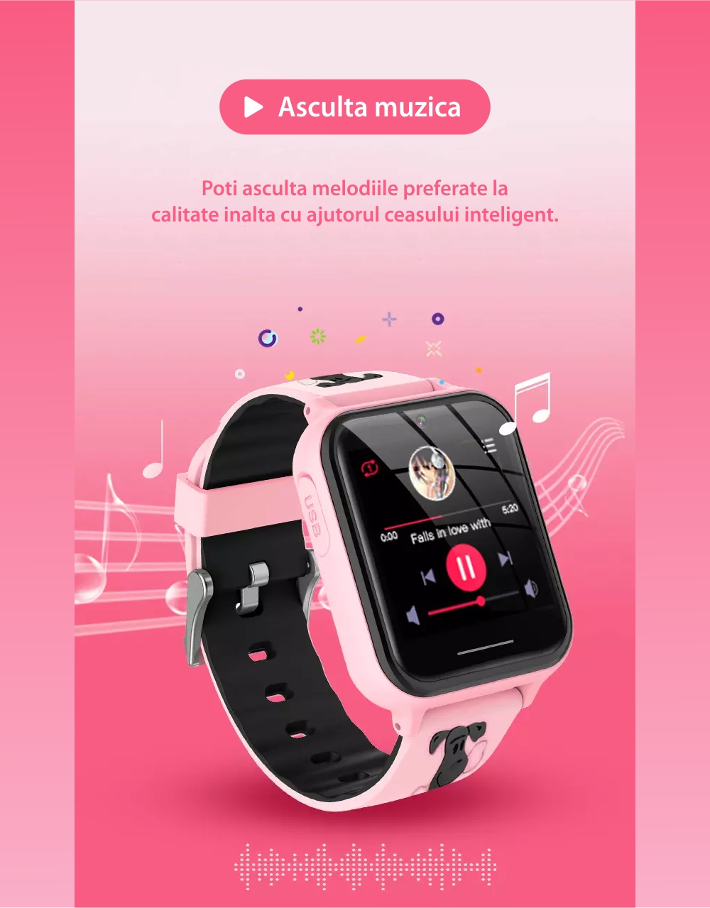 Ceas Smartwatch Pentru Copii YQT A2Z fara GPS, cu Functie telefon, 7 Jocuri, Camera, Album, Lanterna, Roz