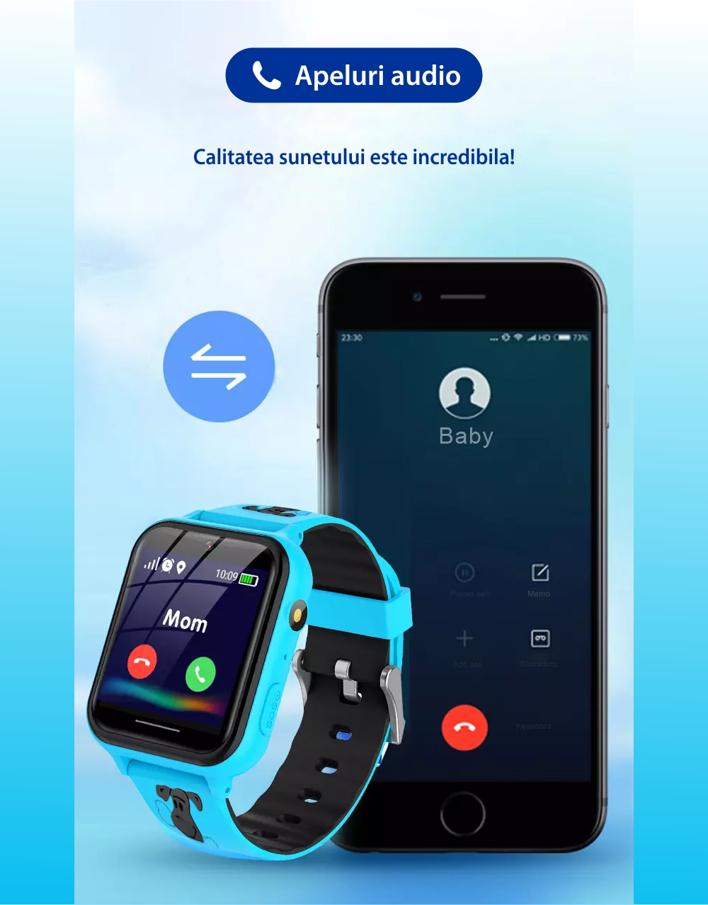 Ceas Smartwatch Pentru Copii YQT A2Z fara GPS, cu Functie telefon, 7 Jocuri, Camera, Album, Lanterna, Albastru