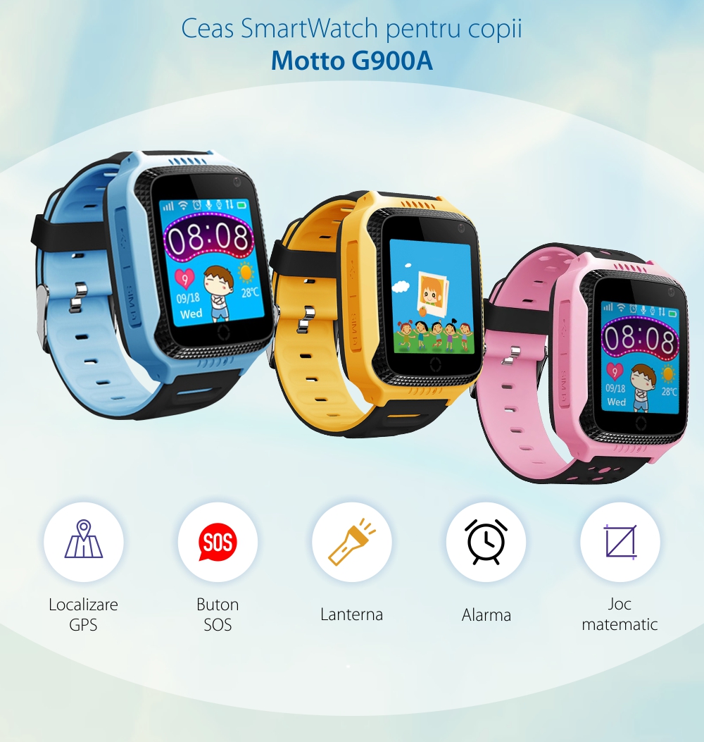Ceas SmartWatch Pentru Copii Motto G900A cu Localizare GPS, Functie Telefon, Monitorizare remote, Istoric, Roz
