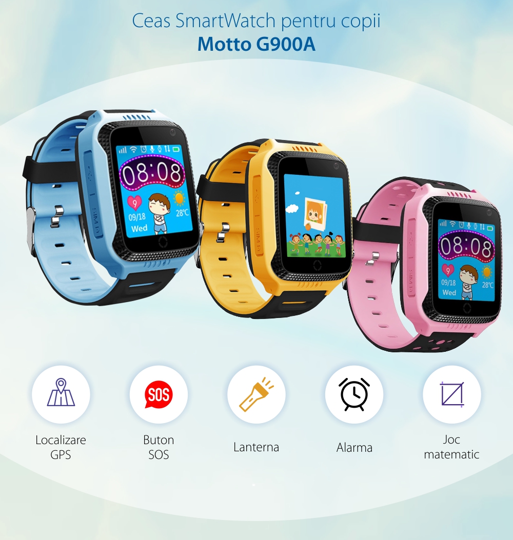 Ceas SmartWatch Pentru Copii Motto G900A cu Localizare GPS, Functie Telefon, Monitorizare remote, Istoric, Galben