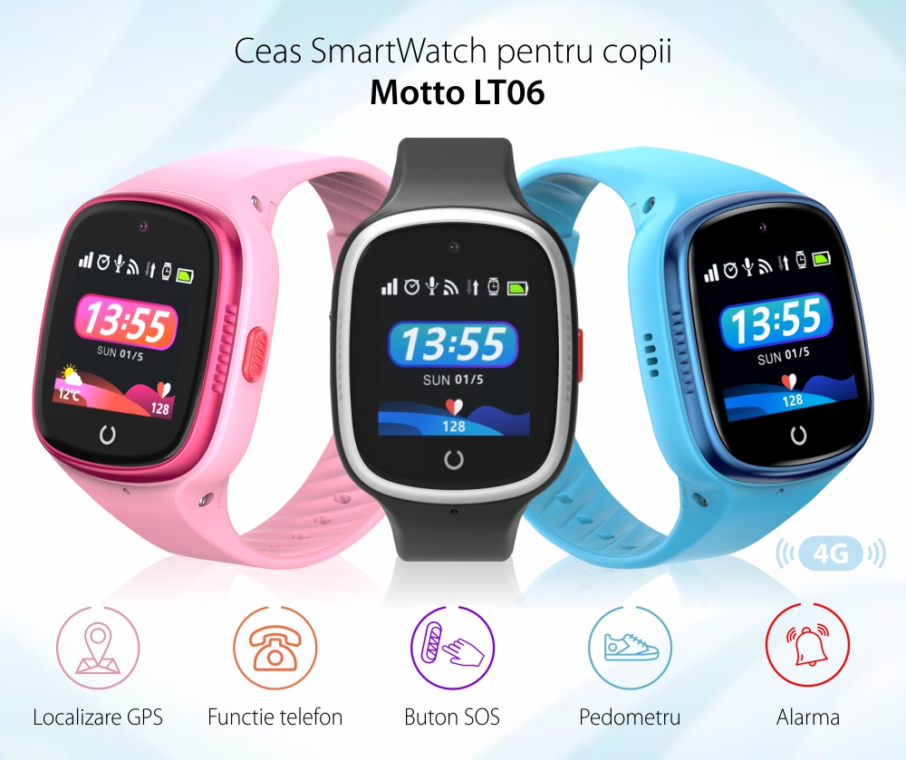 Ceas SmartWatch Pentru Copii Motto LT06 cu Localizare GPS, Functie Telefon, Geofence, Buton SOS, Pedometru, Albastru