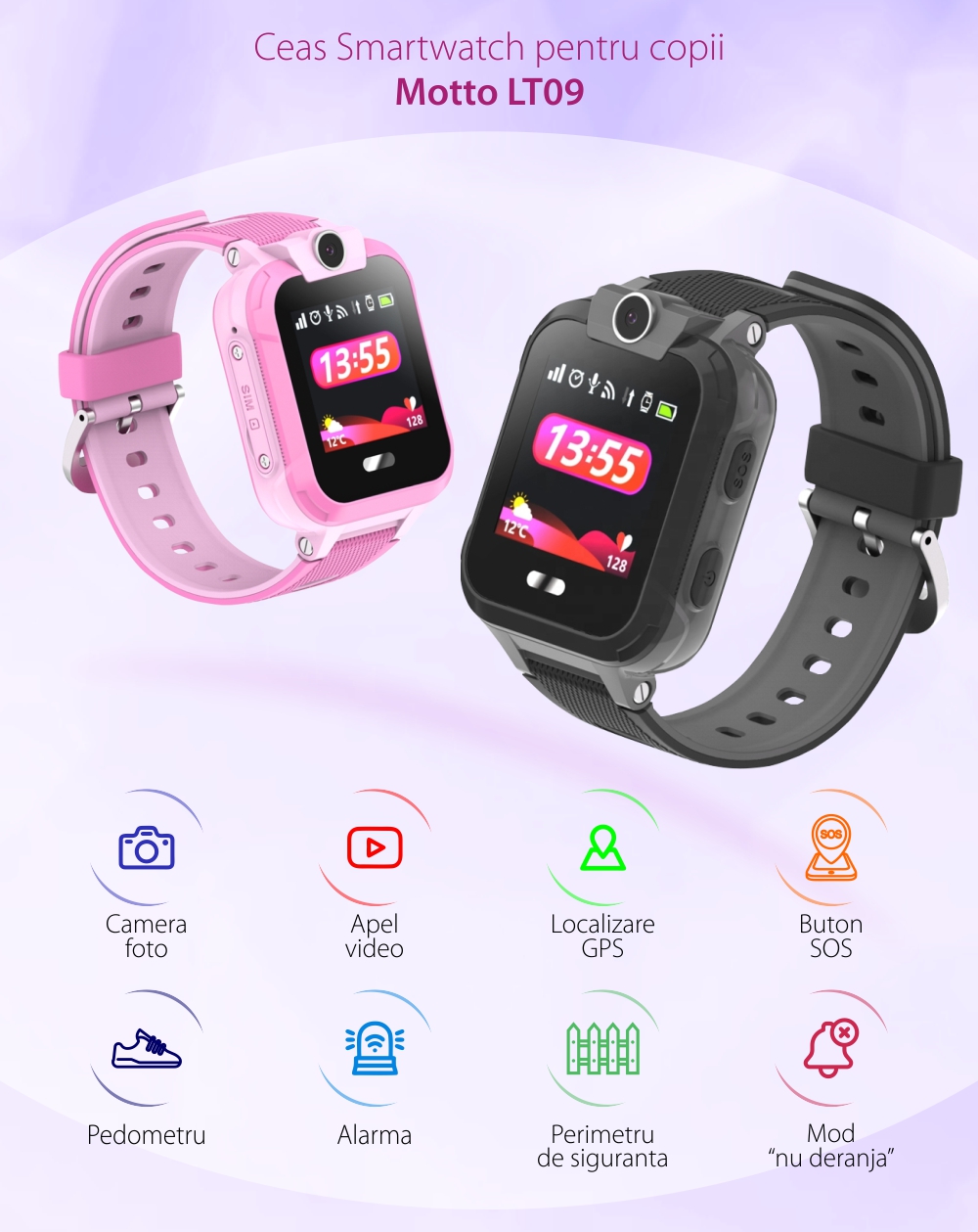 Ceas SmartWatch Pentru Copii Motto LT09 cu Localizare GPS, Geofence, Functie telefon, Istoric, Negru