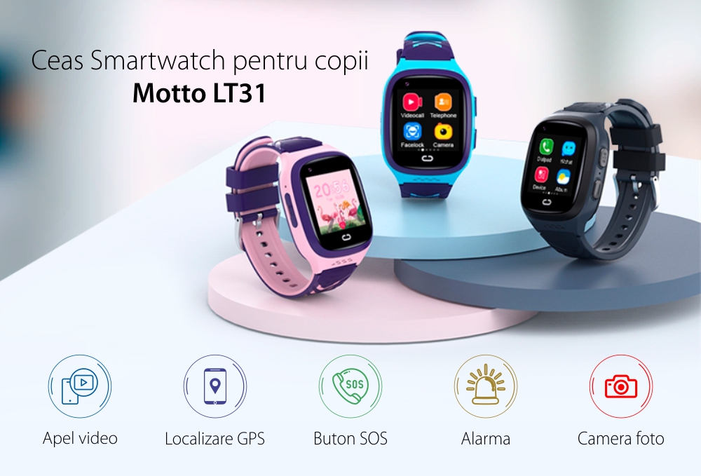 Ceas SmartWatch Pentru Copii Motto LT31 cu Localizare GPS, Functie telefon, Buton SOS, Roz