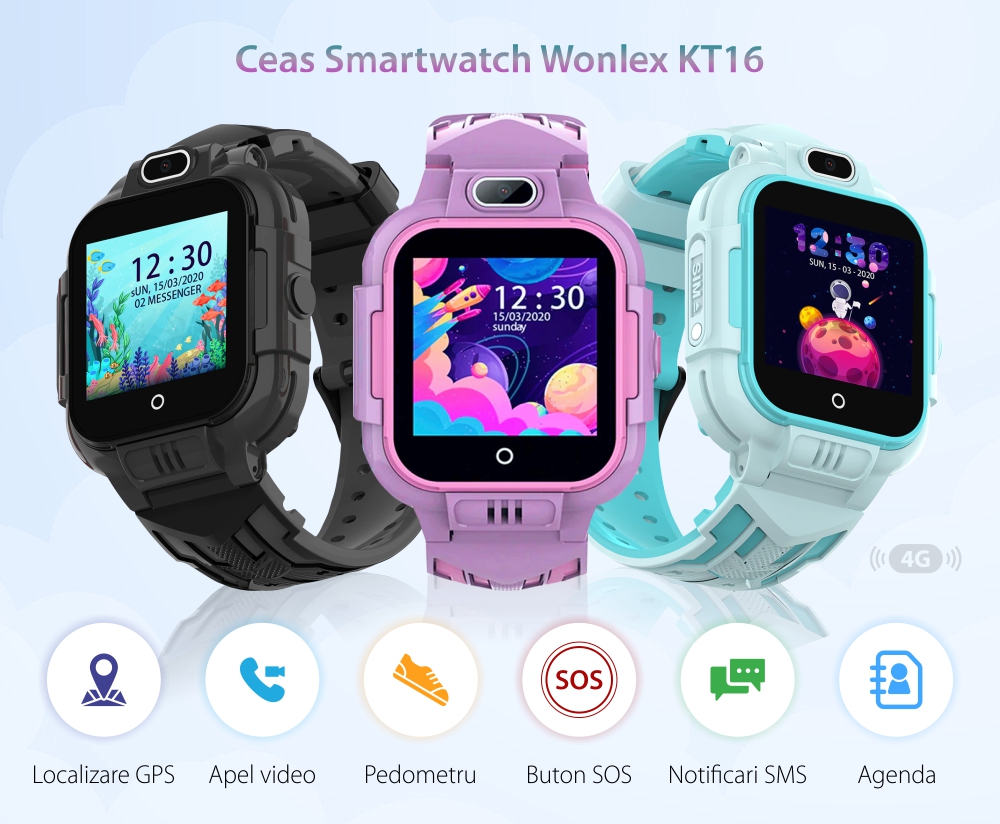 Ceas Smartwatch Pentru Copii Wonlex KT16 cu Apel Video, Functie Telefon, Localizare GPS, Buton SOS, Albastru