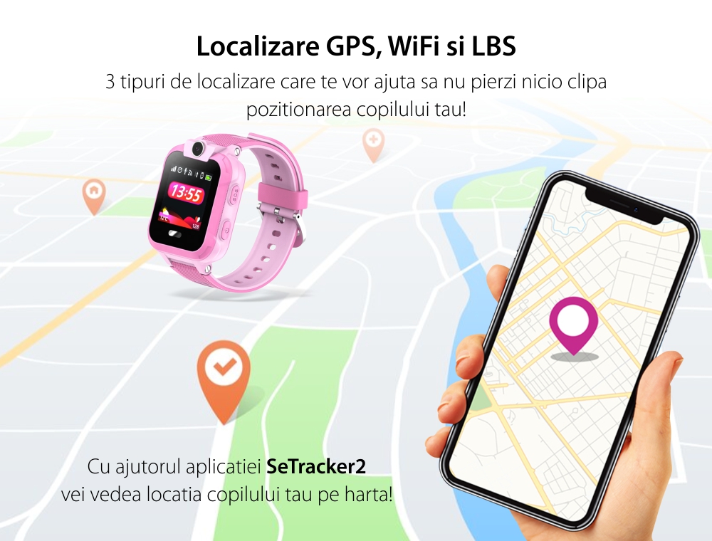 Ceas SmartWatch Pentru Copii Motto LT09 cu Localizare GPS, Geofence, Functie telefon, Istoric, Roz