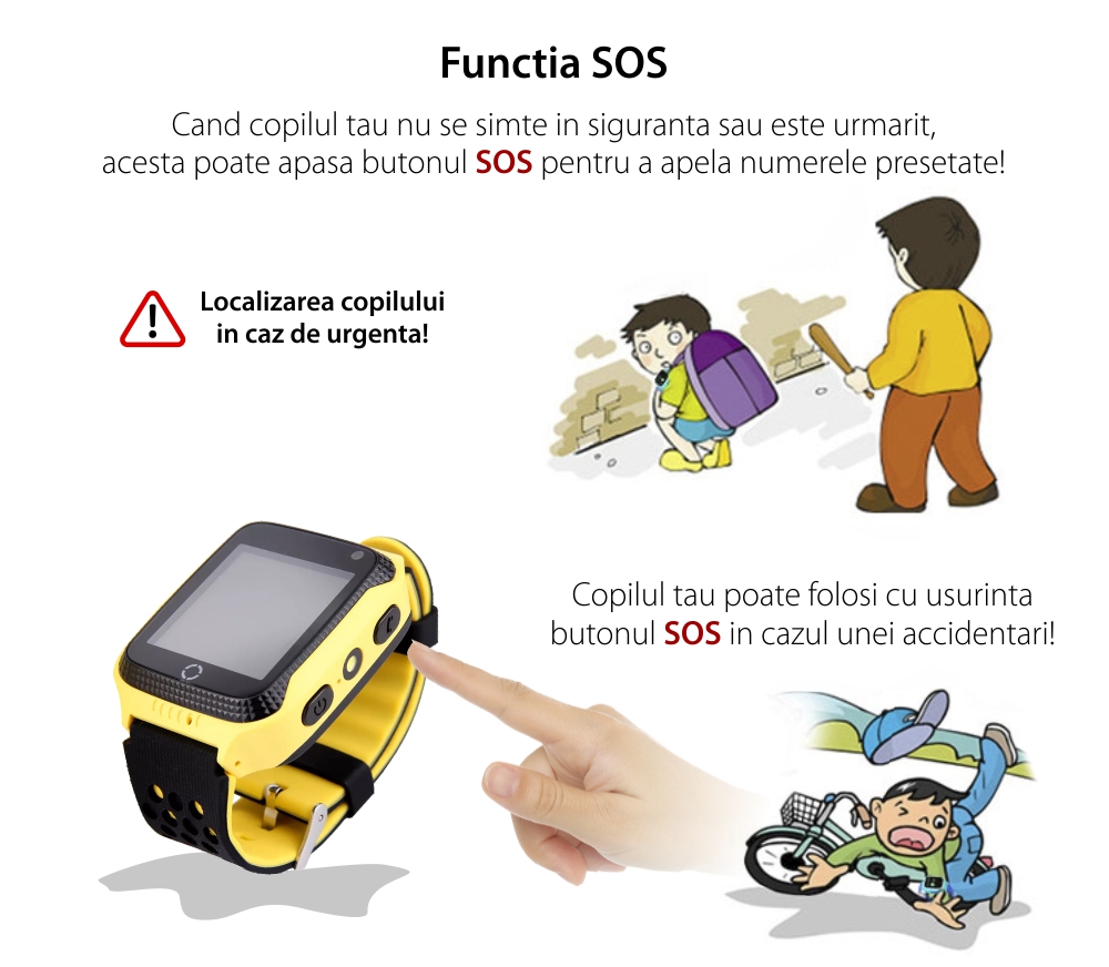 Ceas SmartWatch Pentru Copii Motto G900A cu Localizare GPS, Functie Telefon, Monitorizare remote, Istoric, Galben