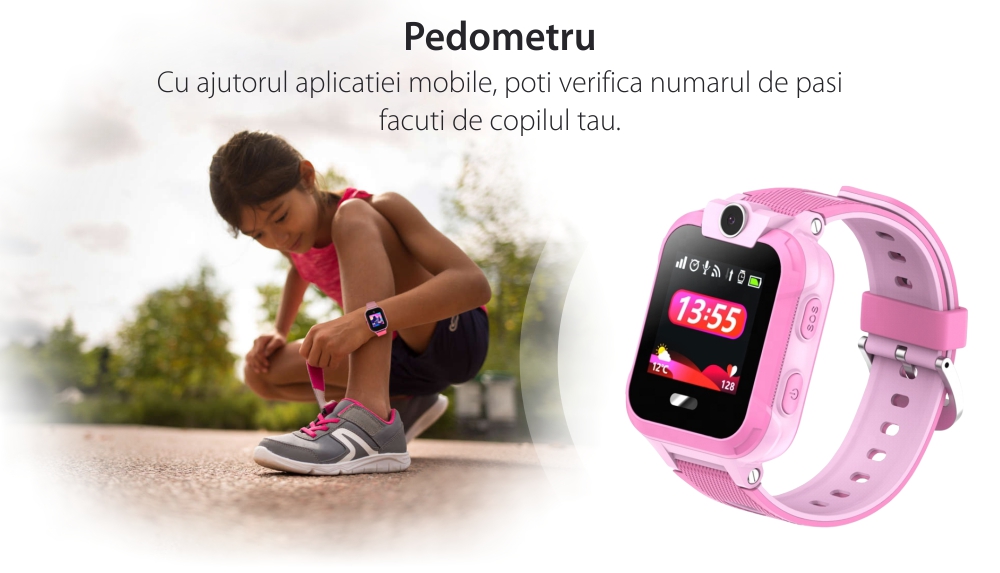 Ceas SmartWatch Pentru Copii Motto LT09 cu Localizare GPS, Geofence, Functie telefon, Istoric, Roz