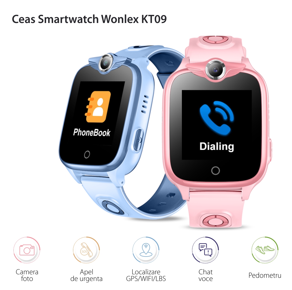 Ceas Smartwatch Pentru Copii Wonlex KT09 cu Functie Telefon, Retea 2G, Buton SOS, Localizare GPS, Apel Vocal, Roz