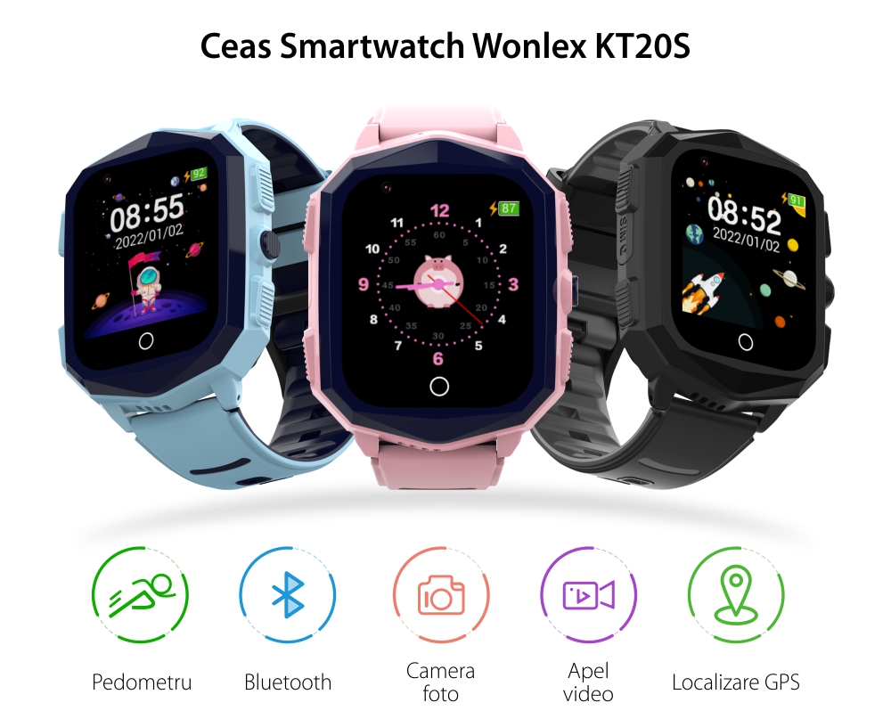 Ceas Smartwatch Pentru Copii Wonlex KT20S cu Localizare GPS, Functie Telefon, Buton SOS, Pedometru, Camera, Notificari, Albastru