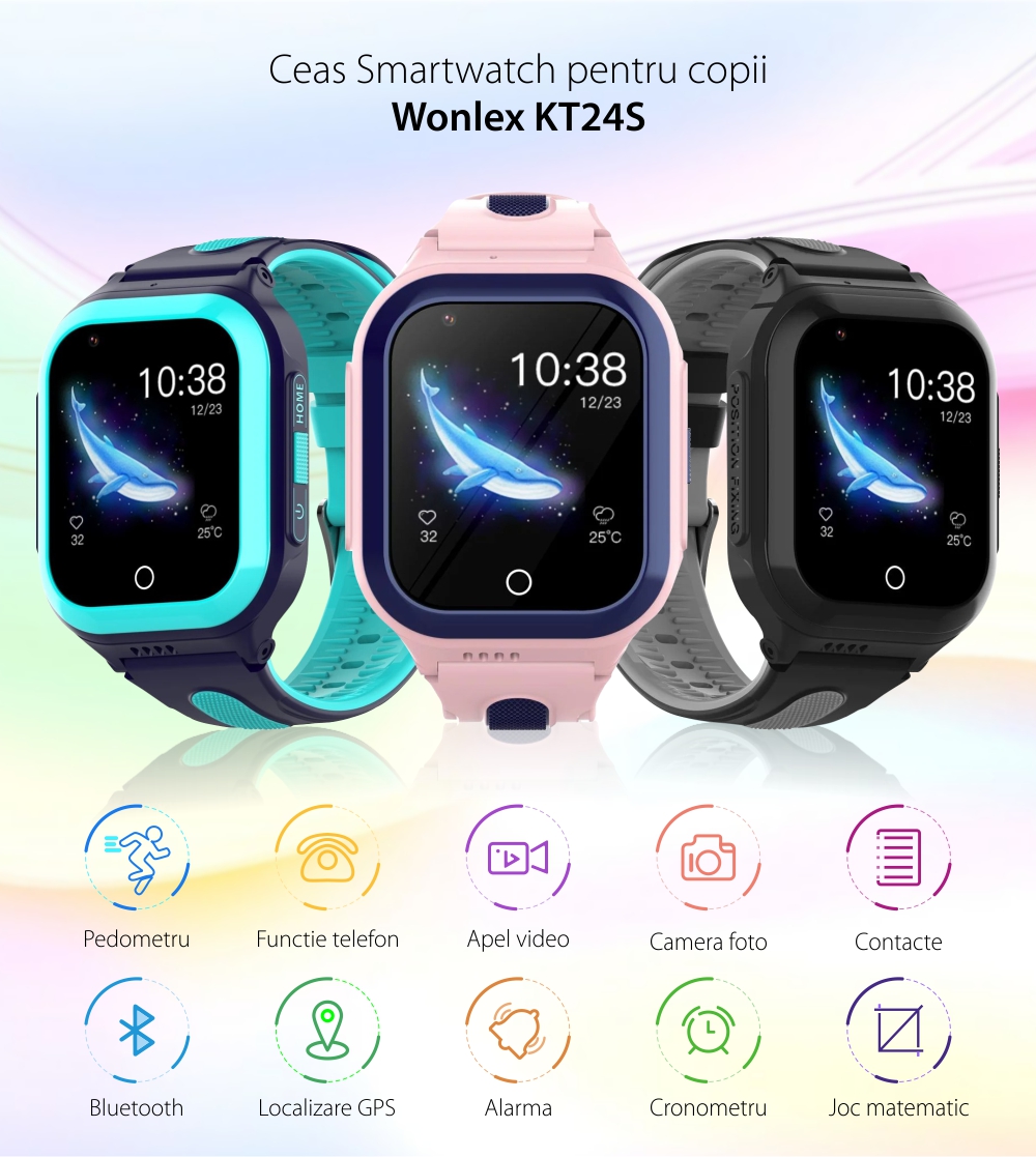 Ceas Smartwatch Pentru Copii Wonlex KT24S cu Localizare GPS, Functie Telefon, Istoric, Contacte, Chat, Negru