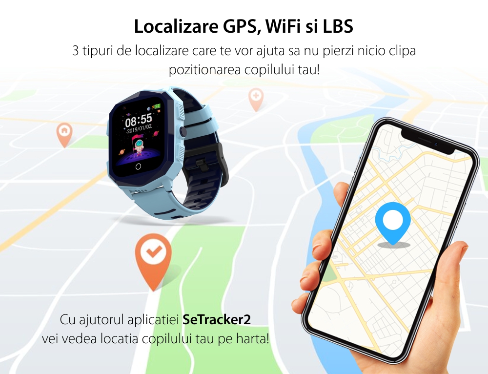 Ceas Smartwatch Pentru Copii Wonlex KT20S cu Localizare GPS, Functie Telefon, Buton SOS, Pedometru, Camera, Notificari, Albastru