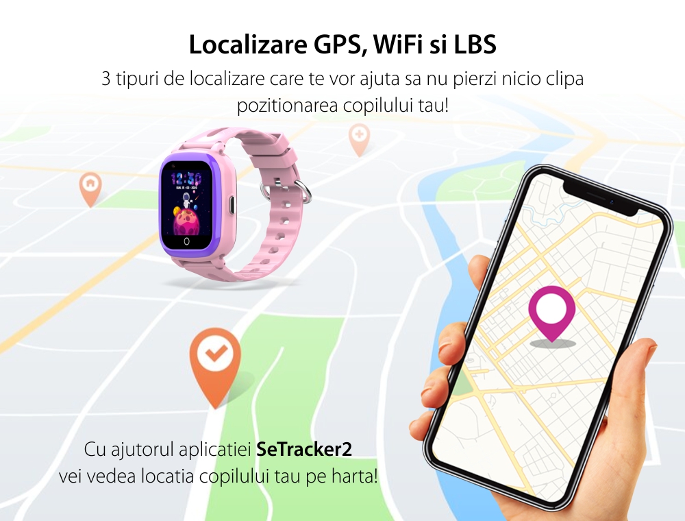Ceas Smartwatch Pentru Copii Wonlex KT24S cu Localizare GPS, Functie Telefon, Istoric, Contacte, Chat, Roz