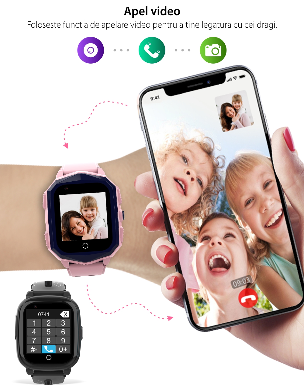 Ceas Smartwatch Pentru Copii KT10S cu Functie Telefon, Istoric, Camera, Pedometru, Alarma, Albastru