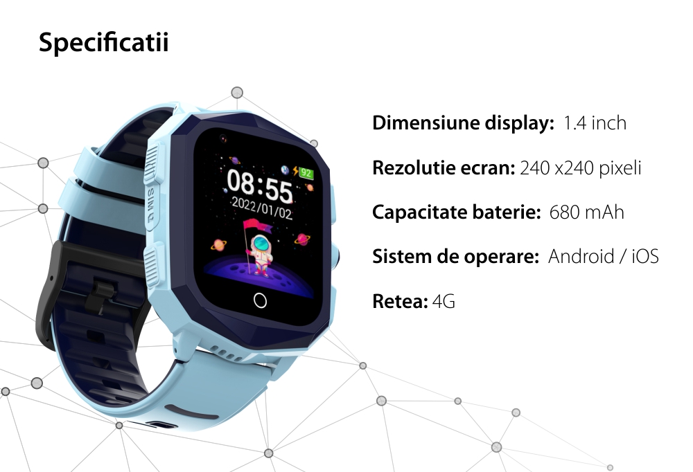 Ceas Smartwatch Pentru Copii Wonlex KT20S cu Localizare GPS, Functie Telefon, Buton SOS, Pedometru, Camera, Notificari, Roz