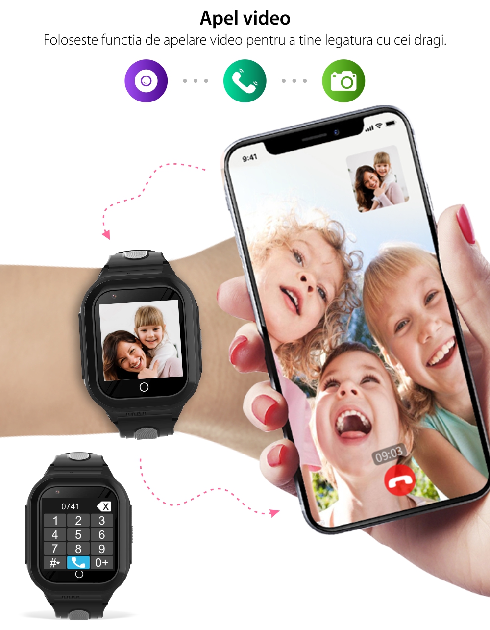 Ceas Smartwatch Pentru Copii Wonlex KT24S cu Localizare GPS, Functie Telefon, Istoric, Contacte, Chat, Negru