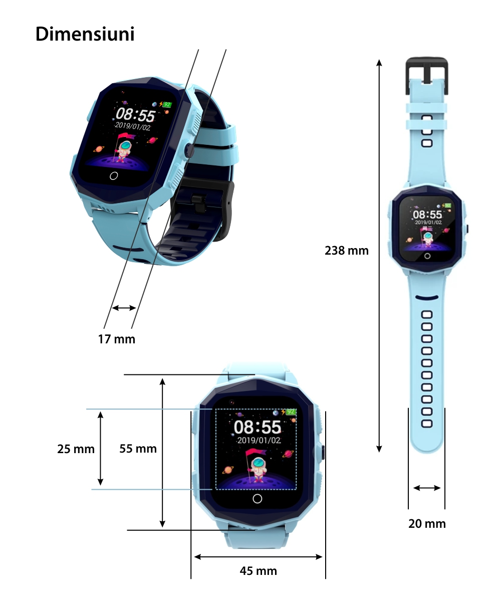 Ceas Smartwatch Pentru Copii Wonlex KT20S cu Localizare GPS, Functie Telefon, Buton SOS, Pedometru, Camera, Notificari, Albastru
