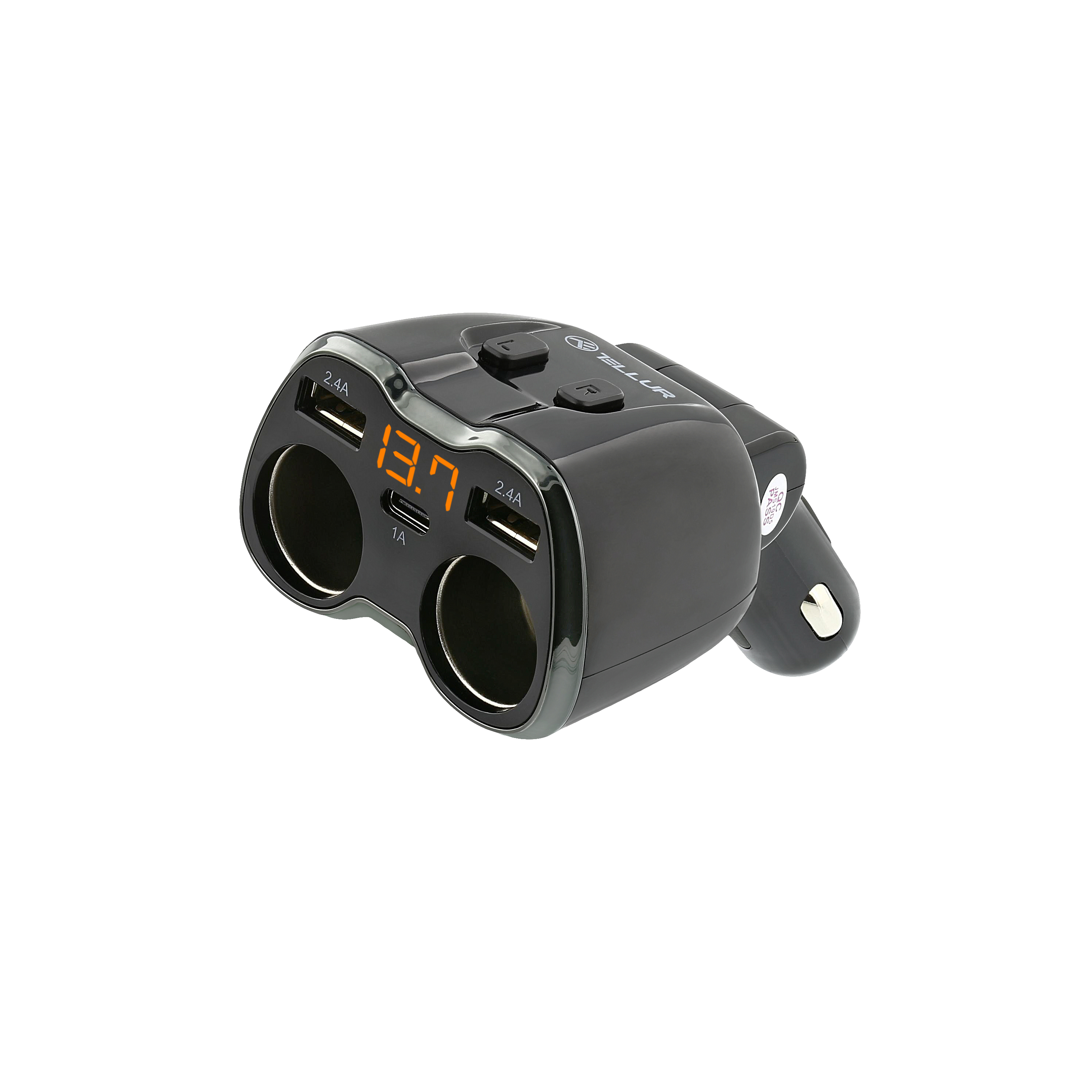 Adaptor Splitter Auto Tellur, 2 Prize bricheta auto, 2 x USB + Type-C, Afisare ecran, Negru Adaptor imagine noua idaho.ro
